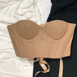 Beige Lace-Up Bustier Cropped Tube Top